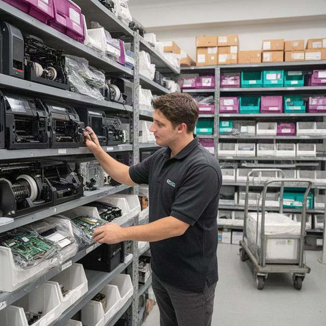 ATM parts specialist checking labelled spare parts shelves inside a Singapore service warehouse