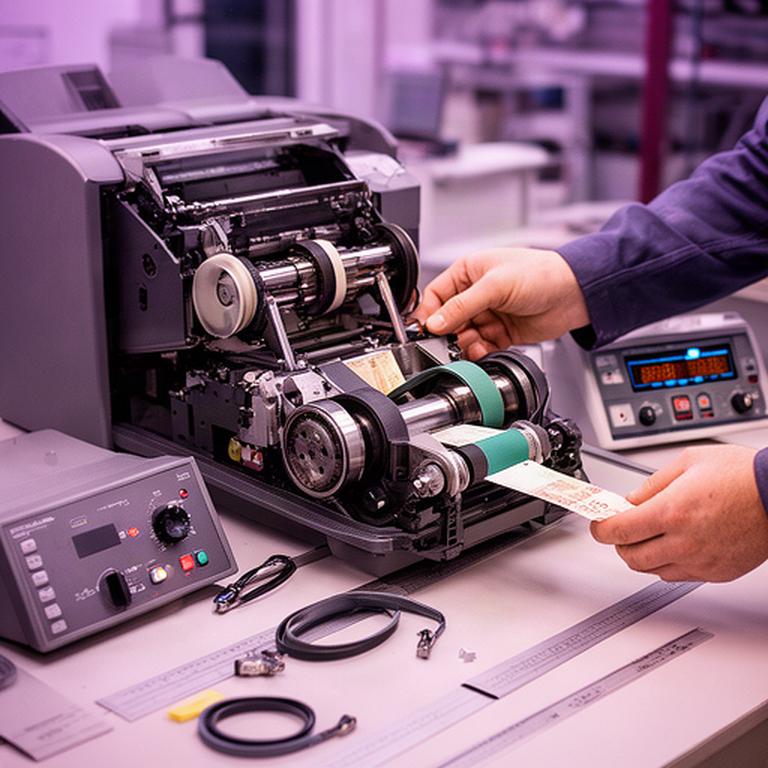 ATM technician calibrating a cash dispenser feed path beside rollers, belts, and note test equipment