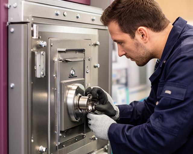 ATM maintenance technician checking a secure cash compartment lock and metal enclosure