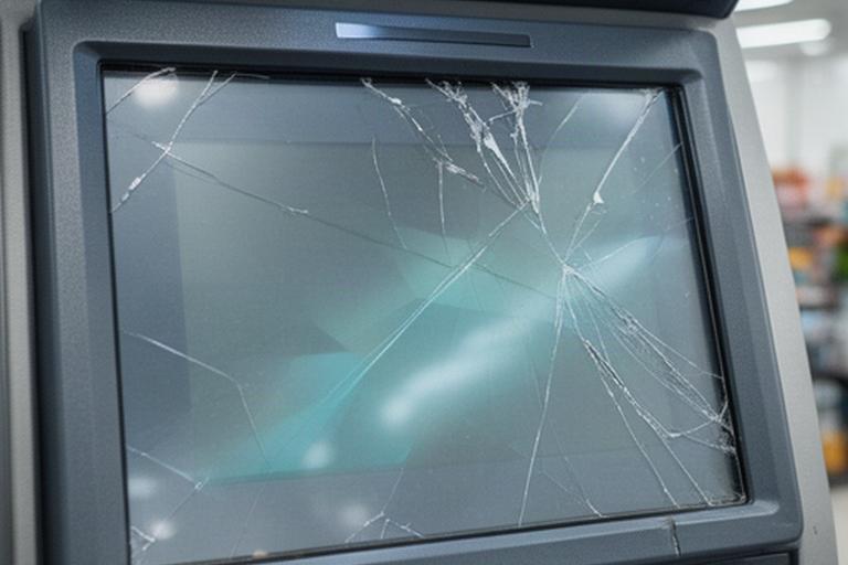 ATM touchscreen before repair showing a cracked protective lens and damaged touch area