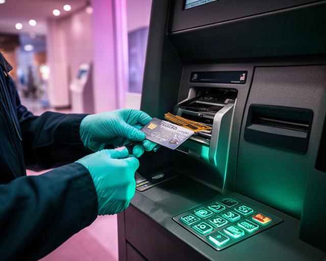 Technician testing a card inserted into a modern ATM reader beside an illuminated PIN pad